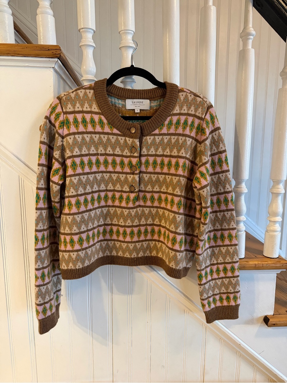La Ligne Brown Crewneck Sweater with Pink and Green Motif